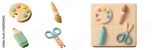 3D art and school supplies icon set with palette, paintbrush, scissors, and highlighter in pastel colors isolated on white