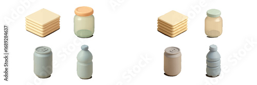 Isometric 3D icons of recyclable waste materials including paper, glass jar, plastic bottle, and aluminum can on a white background