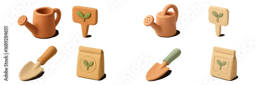 3D gardening icon set with watering can, trowel, seed packet, and plant marker for agriculture and horticulture concepts