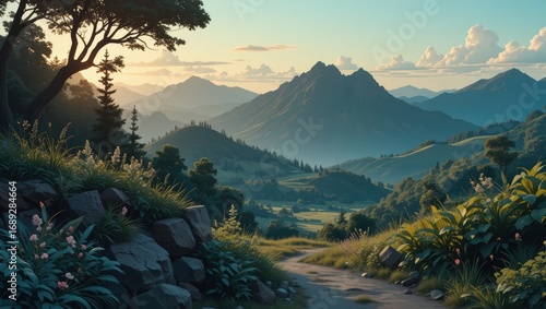 Lush Green Valley at Sunset Surrounded by Majestic Mountains and a Winding Pathway in Nature