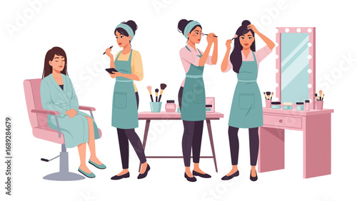 Diverse makeup artists in aprons meticulously apply cosmetics to a seated client near a vanity