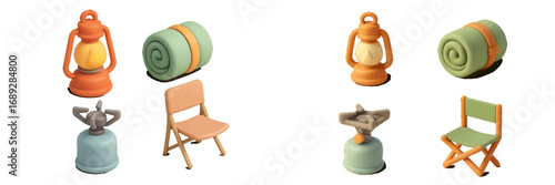 Set of isometric camping gear icons showing a lantern, sleeping bag, portable stove, and folding chair for outdoor adventure travel