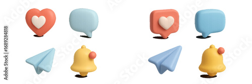 3D social media icons set with like heart, comment bubble, share airplane, and notification bell for web and mobile app interface design