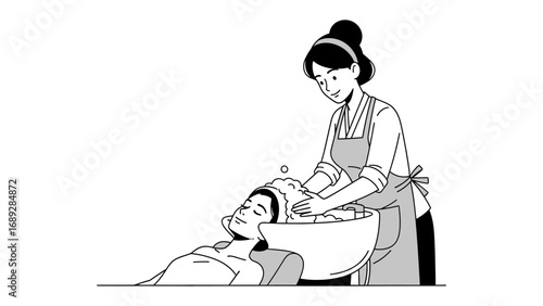 Vintage illustration depicting a hairdresser washing a client s hair in a salon setting