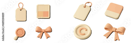 Set of 3D icons featuring price tags, makeup palette, gift bows, copyright symbol, and office supplies in a soft pastel color palette