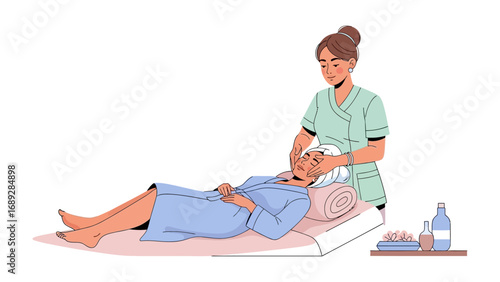 Vintage illustration of a woman receiving a relaxing facial treatment from a spa professional