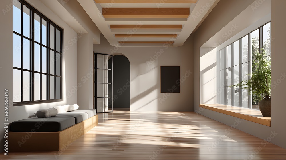Fototapeta premium Bright and Spacious Minimalist Interior with Large Windows and Natural Light in a Contemporary Home