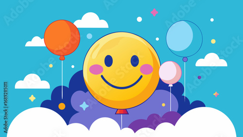 Joyful smiley face balloon floating among clouds and stars