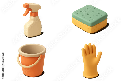 Set of 3D style cleaning supply icons with spray bottle, sponge, bucket, and rubber glove for household chores