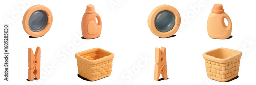 Laundry equipment set with washing machine door, detergent bottle, clothes basket, and clothespin icons in a soft style