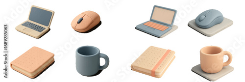 3D office supply icon set with laptop, computer mouse, notebook, and coffee mug in a cute minimalist clay style