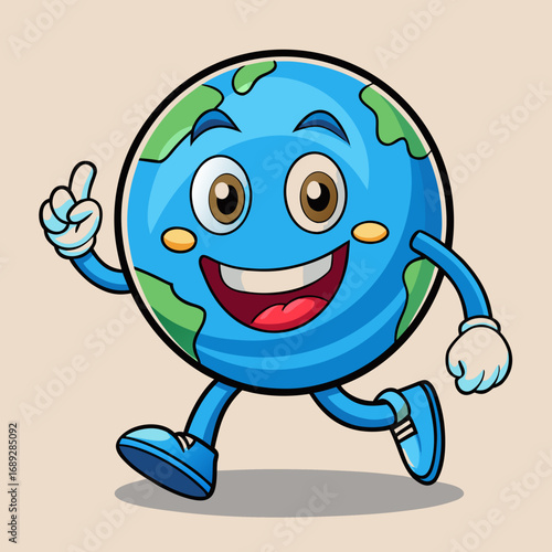 Happy cartoon earth character running and waving