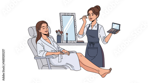 Professional makeup artist applying cosmetics to a relaxed client in a salon setting