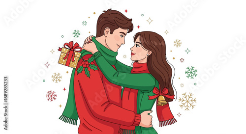 A couple embracing during Christmas, exchanging gifts and celebrating the holiday season.