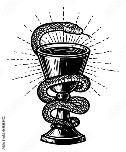 Snake Coiling Around Simple Medieval Grail with Dark Liquid Sun Ray Effect Black and White Outline Line Art Drawing