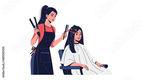 Skilled hairstylist carefully styles client s hair with flat iron and comb in a salon setting