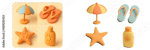 Collection of summer beach vacation accessories including a sun umbrella, flip-flops, starfish, and sunscreen bottle
