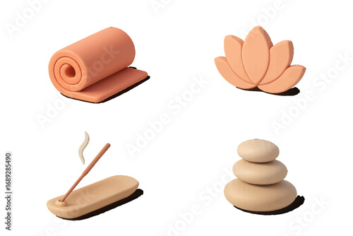 Yoga and meditation icon set with yoga mat, lotus flower, incense stick, and stacked stones for wellness and relaxation
