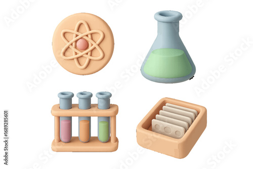 Collection of 3D style chemistry and science icons including an atom symbol, laboratory flask, test tubes in a rack, and microscope slides for research