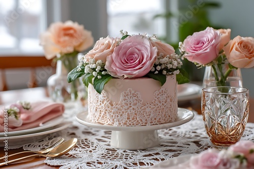 A garden-inspired birthday setup featuring a delicate, pastel-colored cake, lace napkins, and fresh roses for a romantic vibe