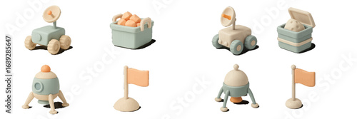 Cute cartoon space icon set with rocket ship, moon rover vehicle, exploration flag, and planetary rock container