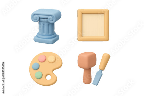 Collection of 3D icons representing art, painting, and sculpture including a classical column, picture frame, artist palette, and sculpting tools