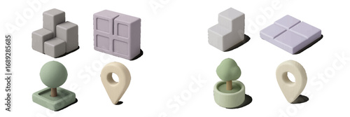 Isometric 3D map elements set with minimalist buildings, trees, and location pins for a city constructor or navigation app design