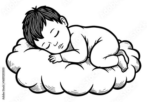 Cute Sleeping Baby on Soft Fluffy Cloud Black and White Outline Line Art Drawing