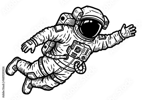 Astronaut Swimming while Floating in Zero Gravity Space Suit Black and White Outline Line Art Drawing