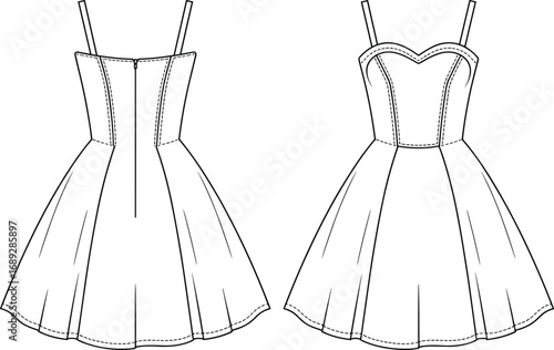 Sweetheart Neckline Fit-and-Flare Dress Design Technical Flat Sketch