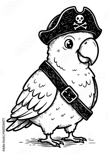 Adorable Cartoon Pirate Parrot with Hat and Bandolier Black and White Outline Line Art Drawing