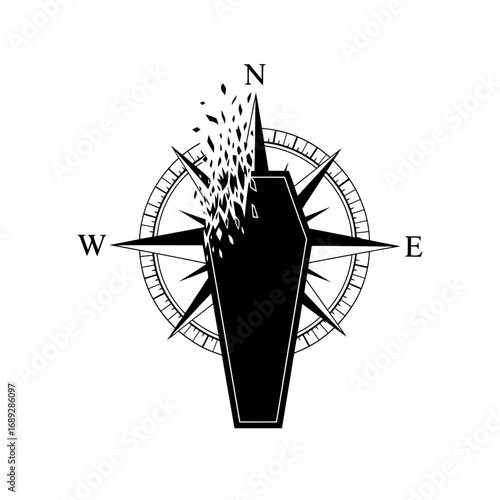 Coffin compass dissolving silhouette isolated on white background