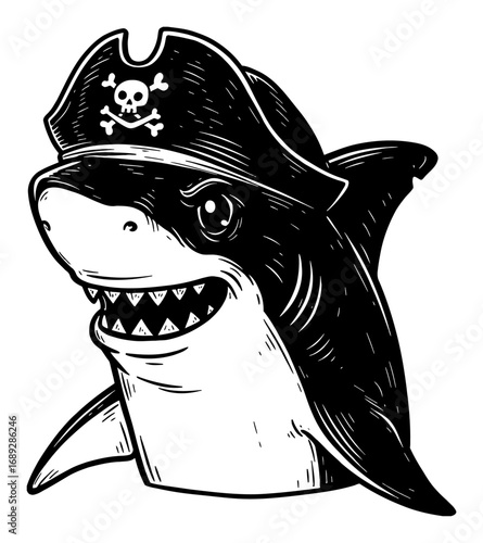 Cute Shark with Pirate Hat Grinning Portrait Black and White Outline Line Art Drawing Vintage Style