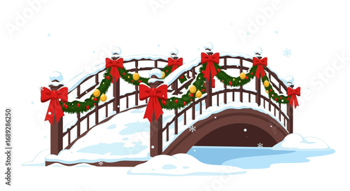 A snowy, decorated bridge, adorned with Christmas ornaments and bows, spanning a frozen body of water.
