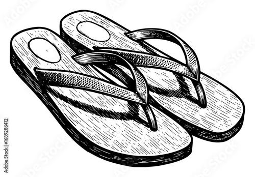 A Pair of Cheap Beach Sandals Flip Flops Black and White Outline Line Art Drawing Vintage Engraving