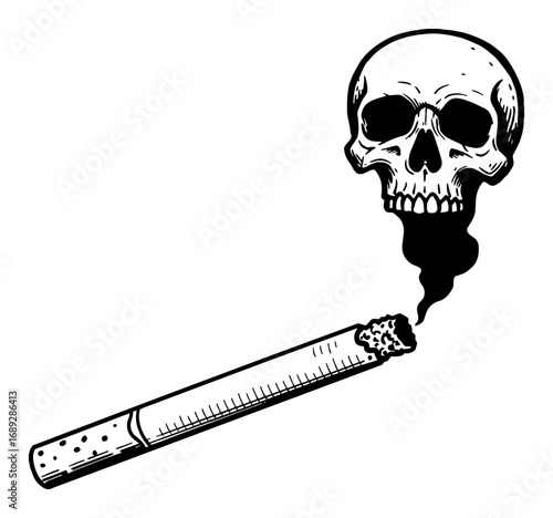 Cigarette with Skull Shaped Smoke Coming from Burning Filter Black and White Outline Line Art Drawing