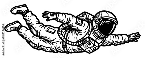 Astronaut Swimming While Floating in Zero Gravity Space Suit Black and White Outline Line Art Drawing