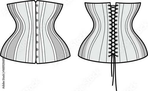A detailed monochrome vector illustration of a classic corset, showing both the front busk and the back lacing views