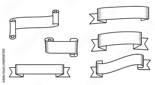 White Blank Ribbons Scroll Icon Set Black Outline, Isolated Transparent Background