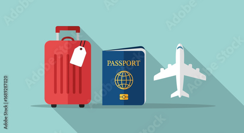 Red suitcase, passport, and airplane symbolize travel preparation.