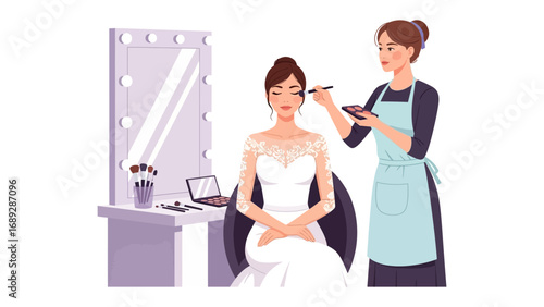 Bridal makeup artist applying cosmetics to a bride in a dressing room with a mirror and vanity