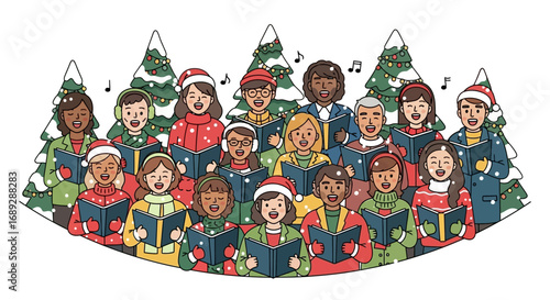 Diverse choir sings carols outdoors in winter, surrounded by snow-covered Christmas trees.