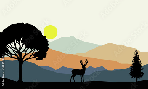Wild Deer standing with mountain and tree background