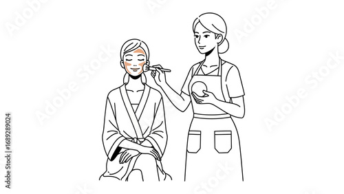 Artist applying makeup to a person s face with a brush in a simple black and white line drawing style