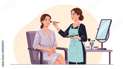 Professional makeup artist applying cosmetics to a client in a salon setting with a mirror