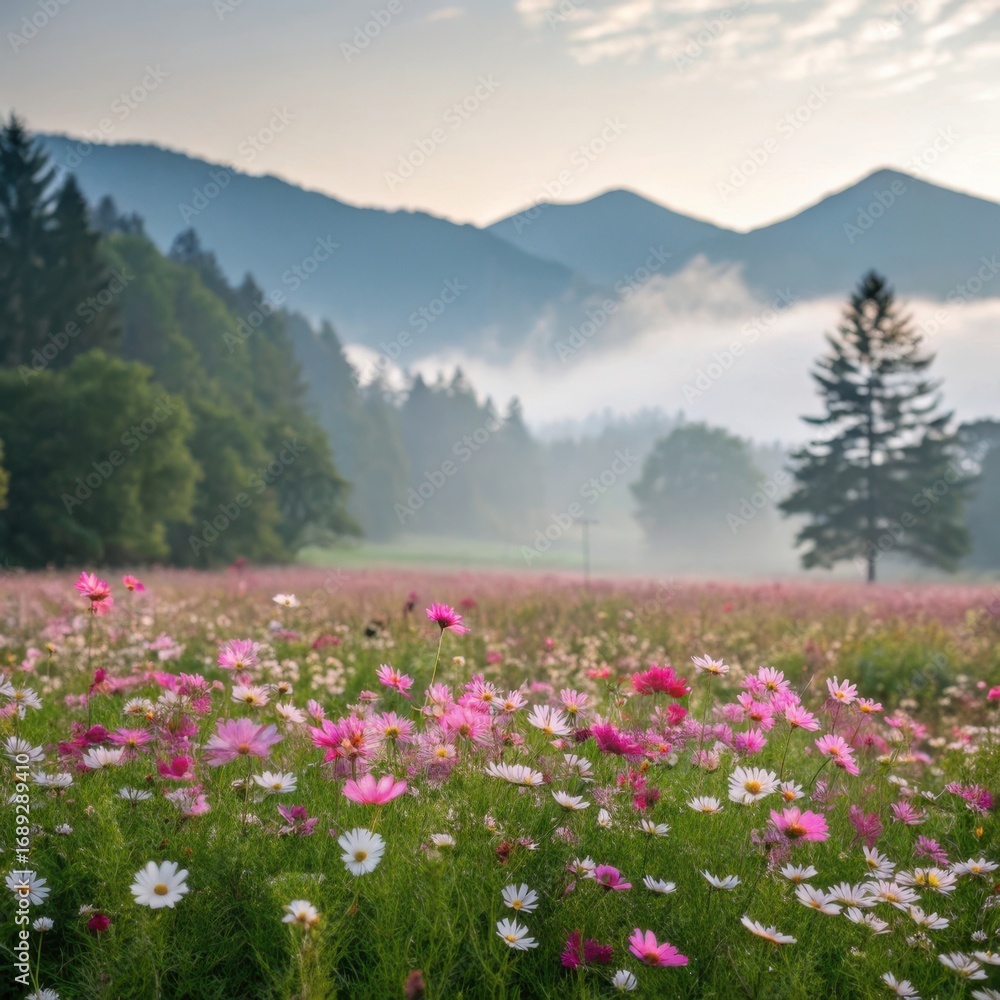 Fototapeta premium Vibrant field of colorful wildflowers with misty mountains and evergreen trees in the background
