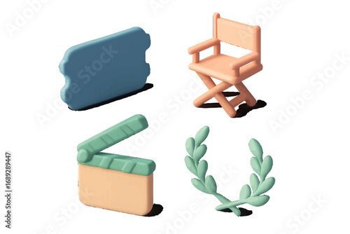 3D cinema and movie production icon set with director chair, clapperboard, ticket, and laurel wreath for film festival awards