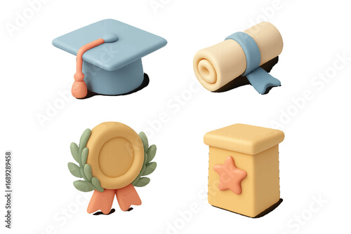 3D graduation icon set with mortarboard cap, diploma scroll, award medal, and prize pedestal for education and achievement concepts