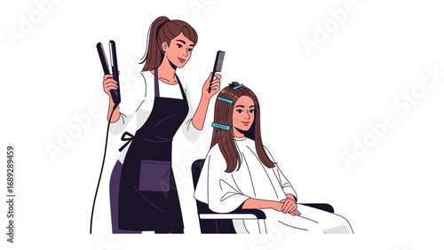 Skilled hairstylist carefully styles client s long brown hair with curling iron in a bright salon setting