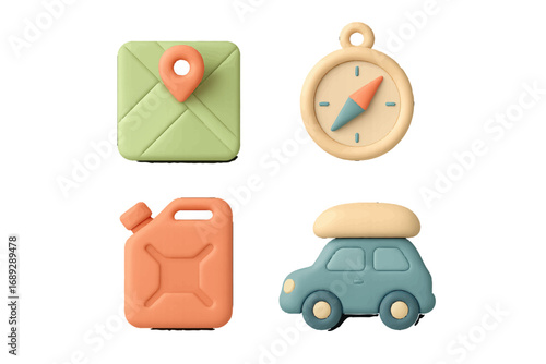 Set of 3D travel icons featuring a map with pin, compass for navigation, gasoline can, and car with luggage for a road trip